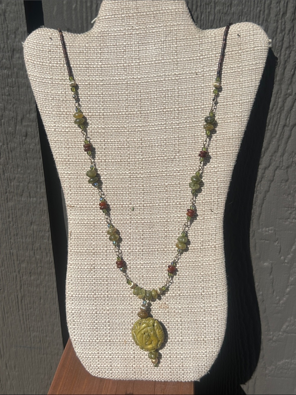 Hand carved Jade Green Pendant with Carnelian, Jasper and Peridot Beads